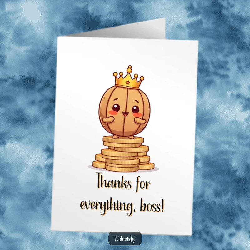 Funny Free Printable Walnut Thank You Card: Proud brown walnut with crown, sitting regally on coins, offering thanks.