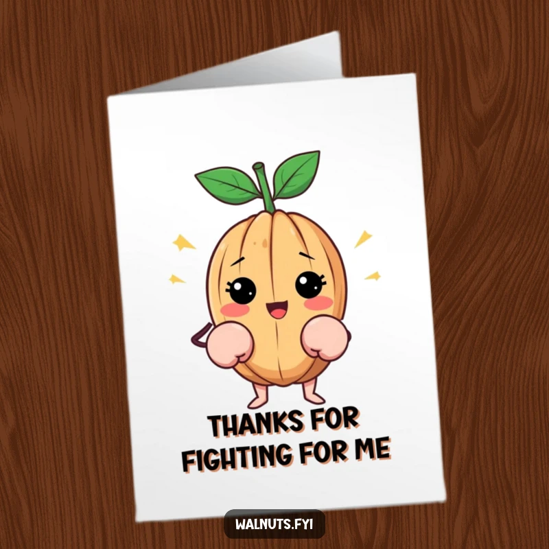 Funny Free Printable Thank You Card: A happy walnut wears tiny boxing gloves, ready to deliver thanks with a strong, playful spirit.