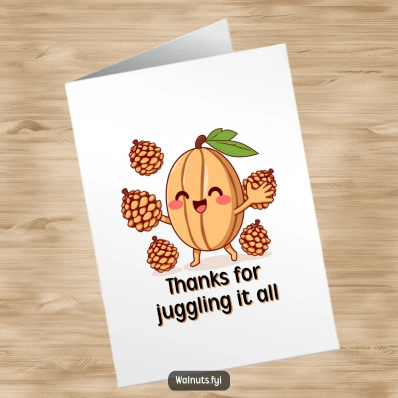 Funny Free Printable Thank You Card: a happy walnut juggles pinecones, a whimsical way to say thanks.