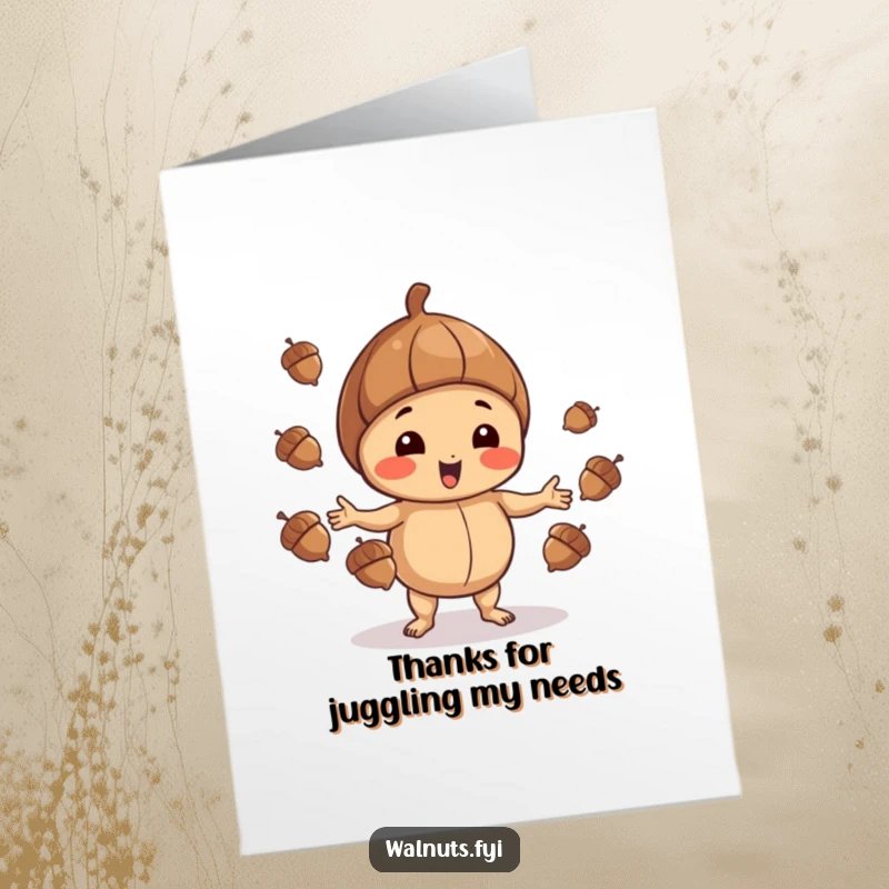 Funny Free Printable Thank You Card: A playful walnut is pictured juggling acorns, a fun way to send thanks.