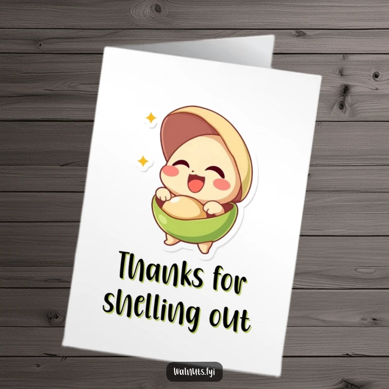 Funny Free Printable Thank You Card: Giggling pistachio bursting out of its shell with pure, happy gratitude.