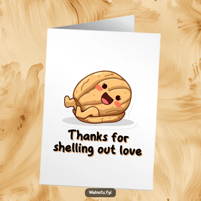Funny Free Printable Thank You Card: A joyful walnut character slides down a surface expressing thanks with a smile.
