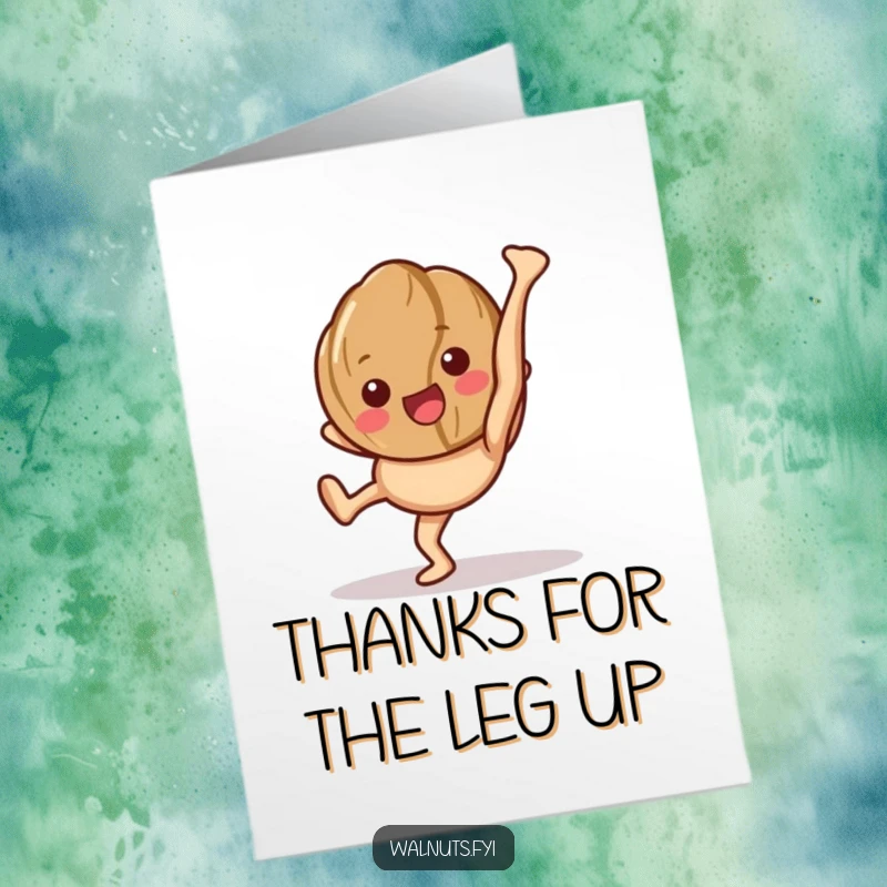 Funny Free Printable Thank You Card: A happy walnut character performs a cartwheel, showing appreciation.