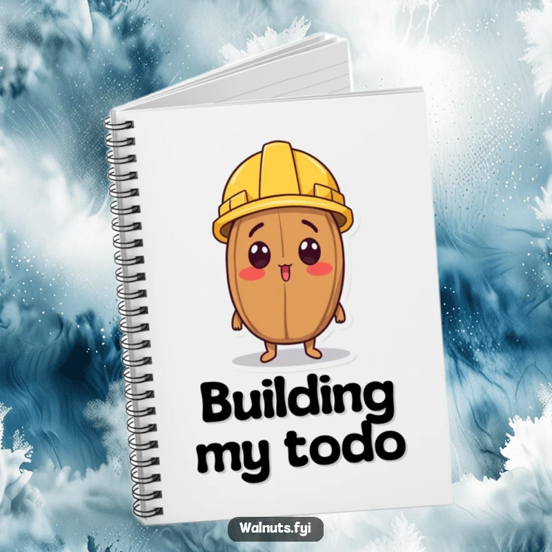 Funny notebook cover with a surprised walnut character wearing a tiny construction helmet and looking up.