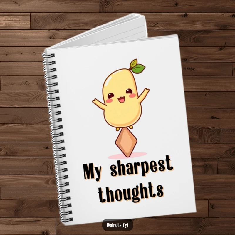 Funny notebook featuring a cashew balanced on its point, designed for capturing brilliant ideas with nutty focus and humor.