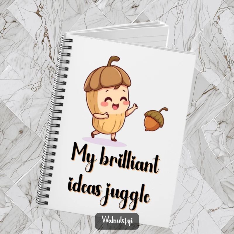 Funny notebook with a playful walnut character juggling a small acorn, ideal for jotting down creative thoughts.