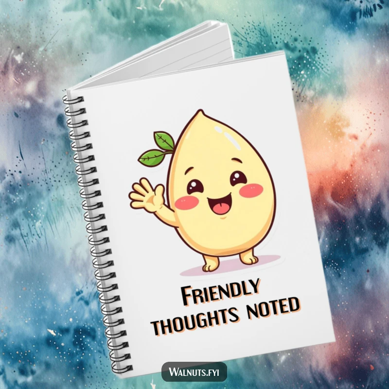 Funny Kawaii cashew notebook with a beaming character giving a friendly wave, perfect for jotting down notes and happy thoughts.
