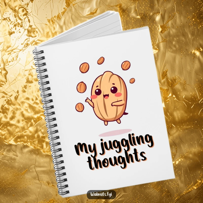 Funny Kawaii Walnut Juggling Notebook: A cute walnut juggles small nut pieces with nimble grace, its focused pose inviting you to fill its pages with clever thoughts.