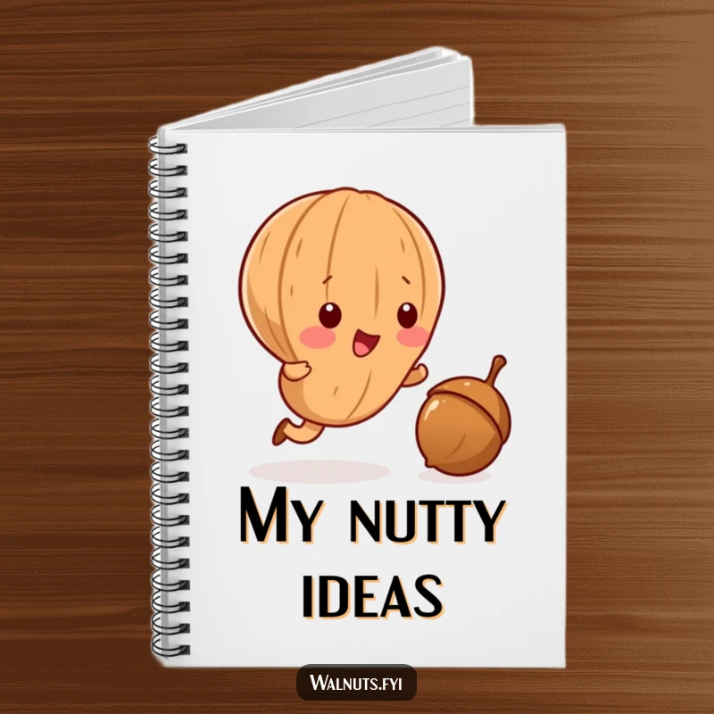 Funny Kawaii walnut notebook, featuring a playful walnut chasing a small acorn, great for journaling and creative writing.