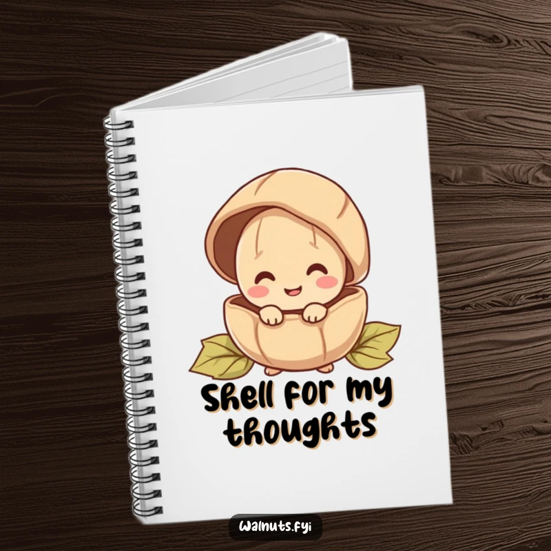 Funny notebook with a happy walnut character peeking out from behind a large shell, ideal for writing.