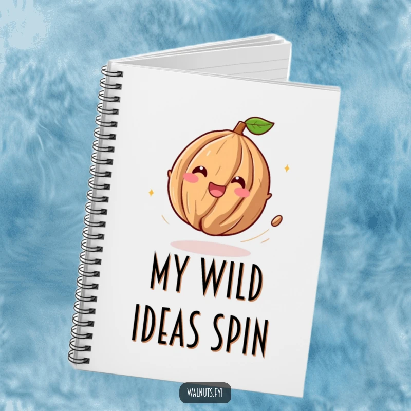 Funny notebook cover featuring a playful walnut character spinning with delight, encouraging joyful note-taking and doodles.