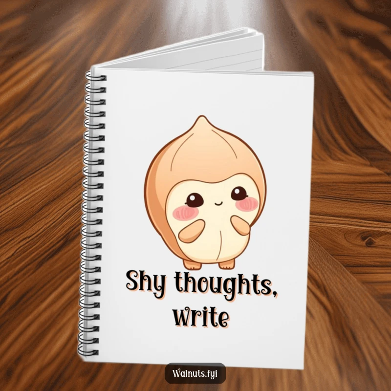 Funny notebook showing a blushing hazelnut shyly offering a small berry with a bashful smile, ready for your notes.