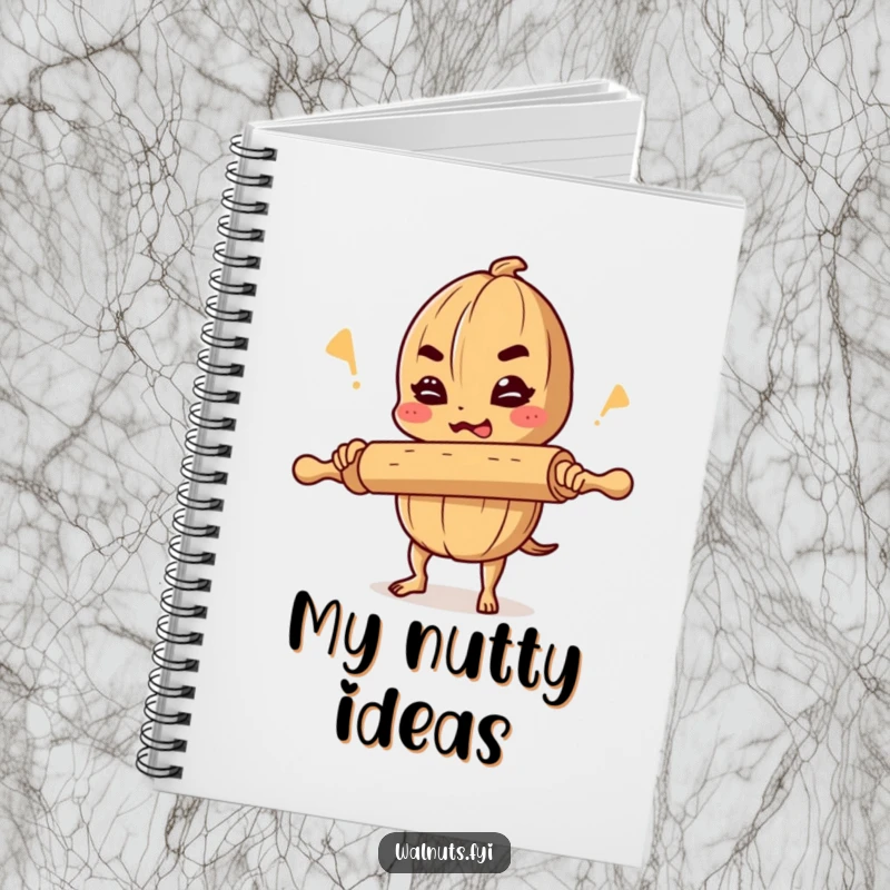 Funny notebook cover with a determined walnut comedian balancing a rolling pin and cracking a joke, inspiring witty thoughts.