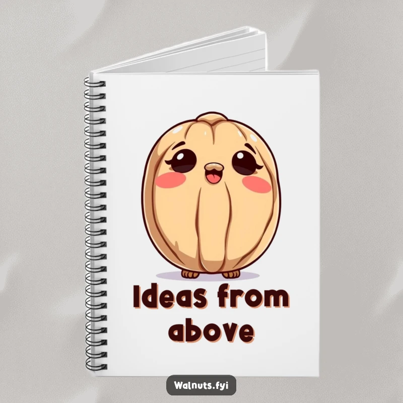 Funny notebook with a curious walnut character looking up at the sky, perfect for journaling thoughts and ideas.