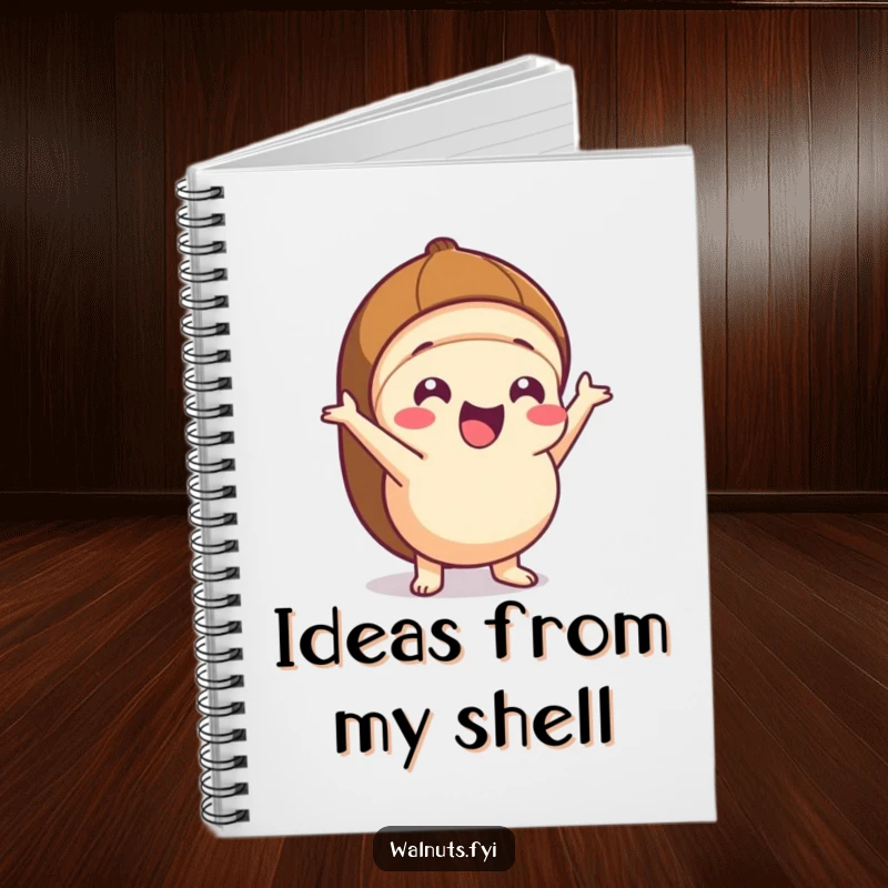 Funny Kawaii hazelnut notebook with an excited character popping out of its shell, perfect for jotting down energetic ideas.