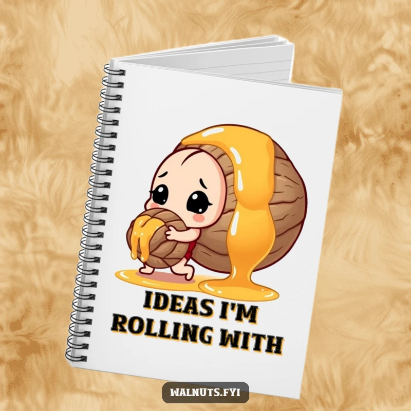 Funny notebook cover graphic: a dedicated walnut pushing a substantial drop of honey, inspiring effort.