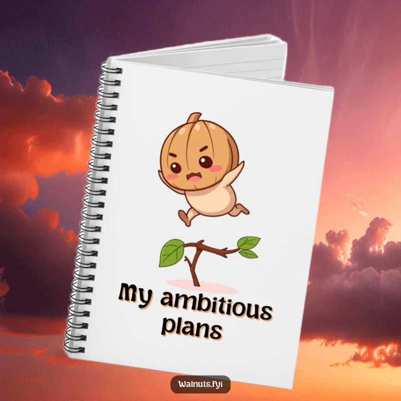 Funny determined walnut character leaping over a twig on the cover of this humorous notebook.