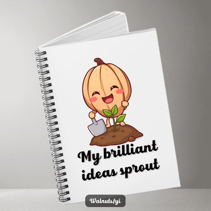 Funny Walnut Gardener Notebook, a smiling walnut with a shovel planting a sprout on the cover, perfect for notes and ideas.
