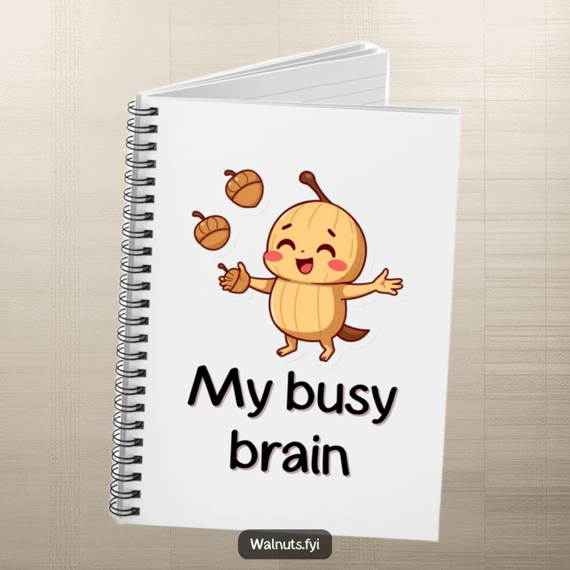 Lined funny juggling walnut notebook with a walnut juggling acorns, great for journaling.