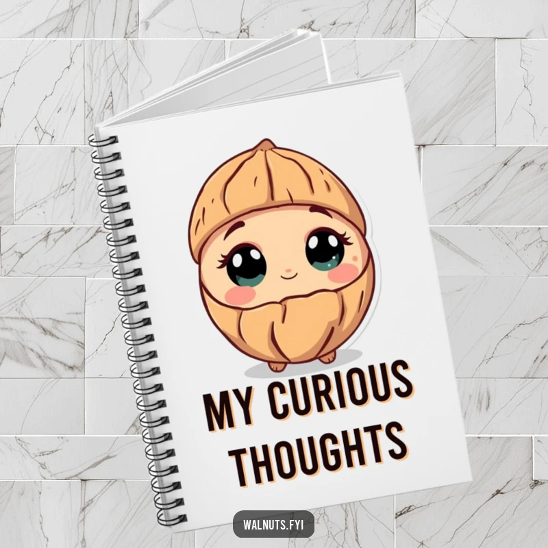 Funny notebook cover featuring a curious walnut character tilting its shell, its wide eyes inviting thoughtful note-taking.