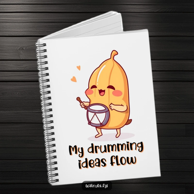 Funny notebook with a giggling pecan playing a drum, designed for capturing notes and ideas with a touch of musical humor.