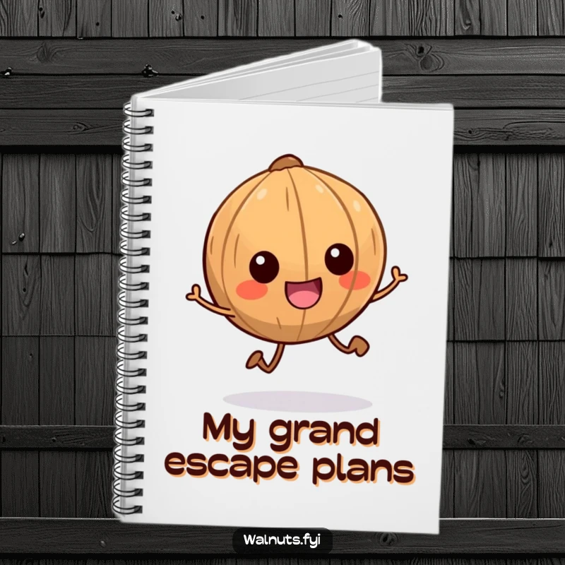 Funny notebook with a smiling walnut character with tiny legs scampering energetically, great for jotting down humorous thoughts.