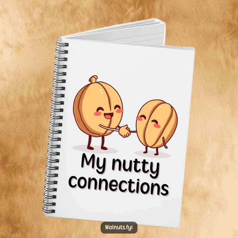 Funny notebook cover featuring a beaming walnut offering a tiny handshake to another walnut, ideal for jotting connections.