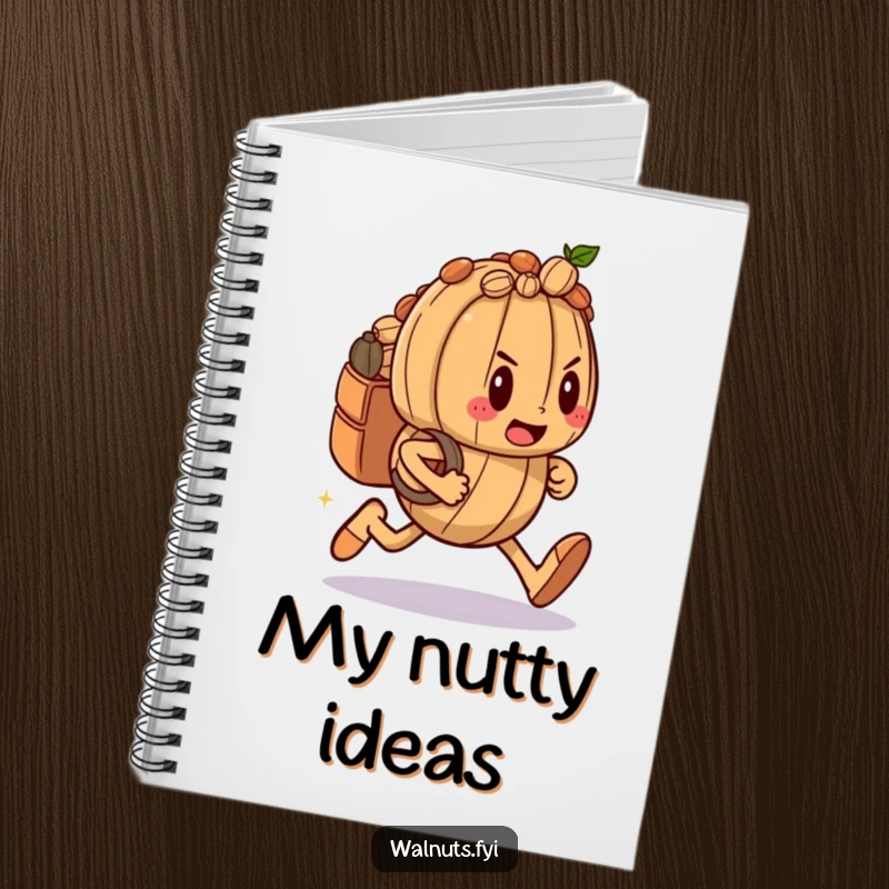 Funny notebook with a determined walnut character sprinting, a nut-filled backpack, ready to capture creative thoughts.