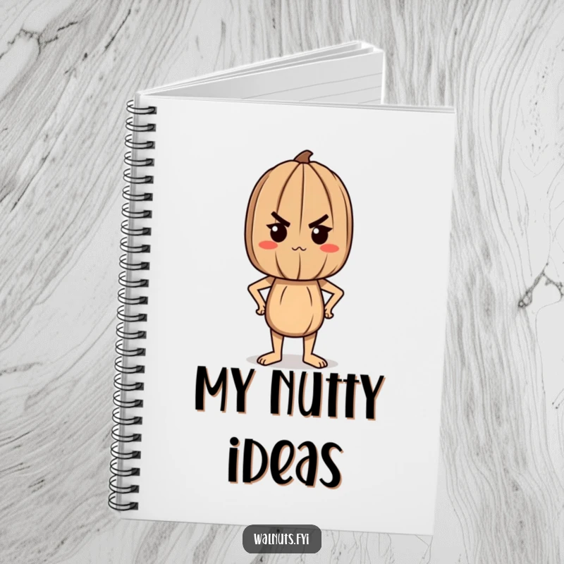 Funny notebook with a determined walnut character standing tall and proud, perfect for brainstorming and goal-setting.