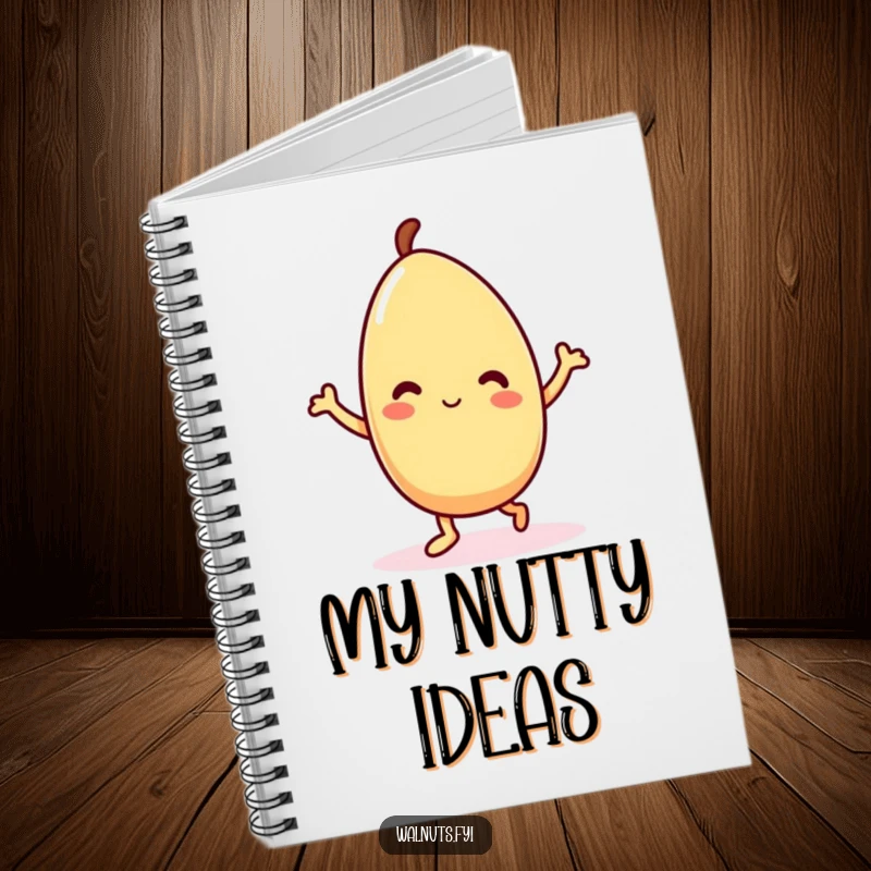 Funny Kawaii almond notebook with a delighted dancing character on the cover, inspiring fun notes and creative ideas.