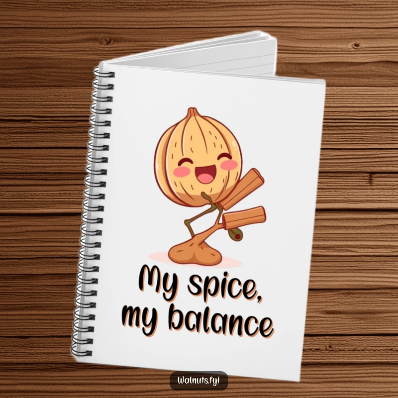 Funny notebook cover art of a thrilled walnut balancing a tiny branch of cinnamon, perfect for notes and ideas.