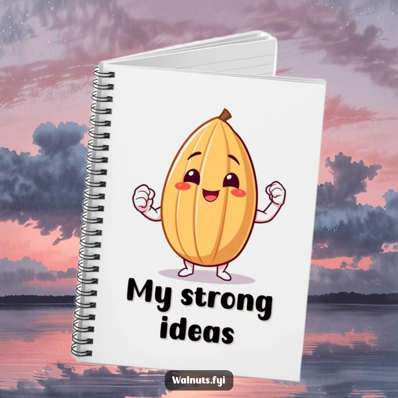 Funny Almond Flex Notebook featuring a smiling almond triumphantly flexing a small muscle.