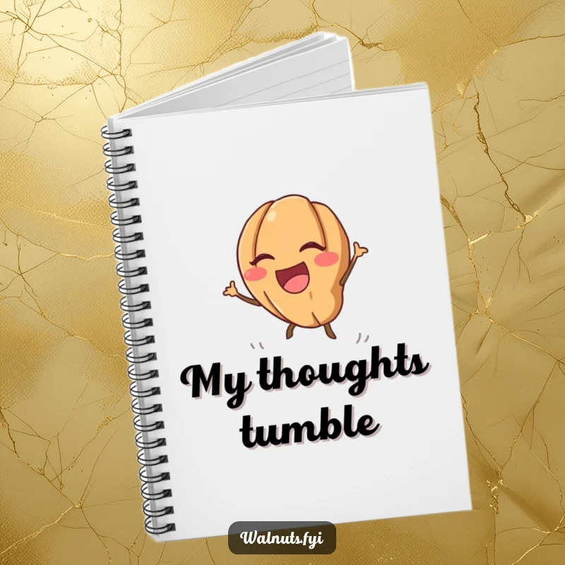 Lined funny kawaii walnut notebook with a laughing walnut rolling downhill, great for journaling and note-taking.