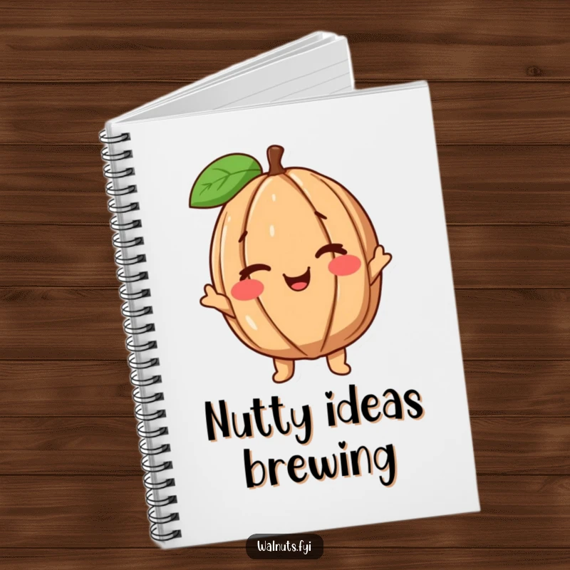 Funny Walnut Notebook featuring a cheerful walnut character giving a friendly wink, perfect for journaling and note-taking.