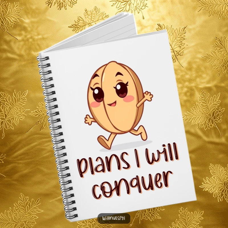 Funny determined walnut notebook with a marching walnut with enthusiastic eyes, humorous for note-taking.