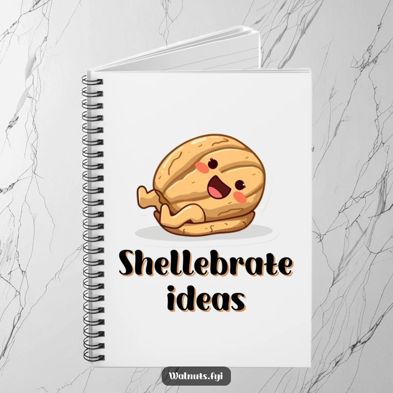 Funny notebook cover with a joyful walnut character gliding down a polished surface on its shell.