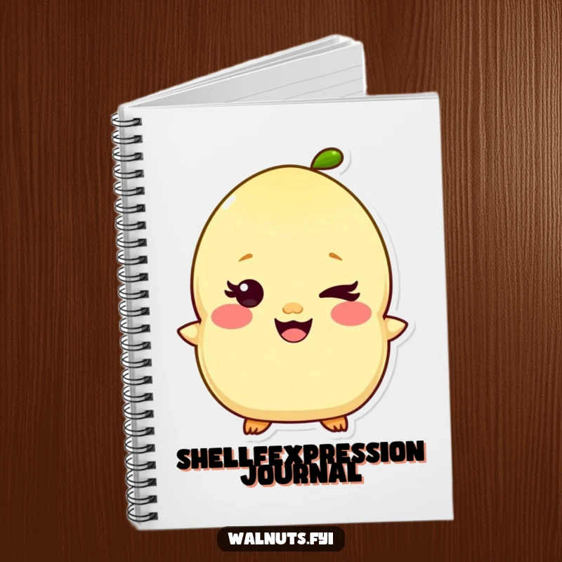 Funny Kawaii Pistachio Notebook featuring a giggling character with a mischievous wink, perfect for capturing humorous notes. Ideal funny gift.