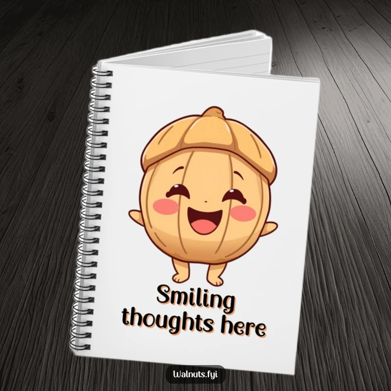 Funny notebook with a joyous walnut character sporting a big, happy smile, perfect for capturing happy thoughts and ideas.