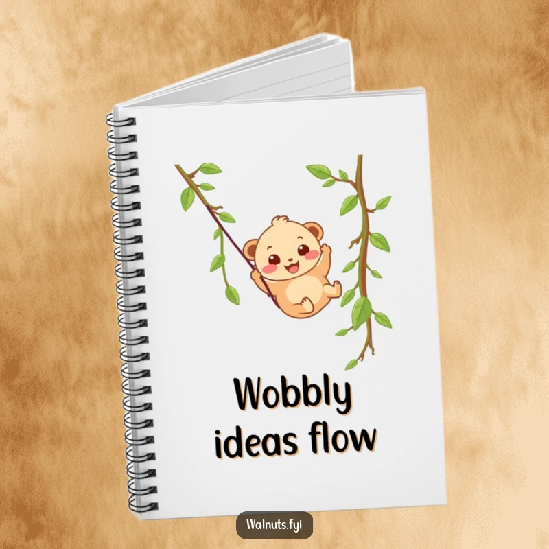 A wobbly beige hazelnut character with a happy grin slides down a vine zipline in this funny notebook.