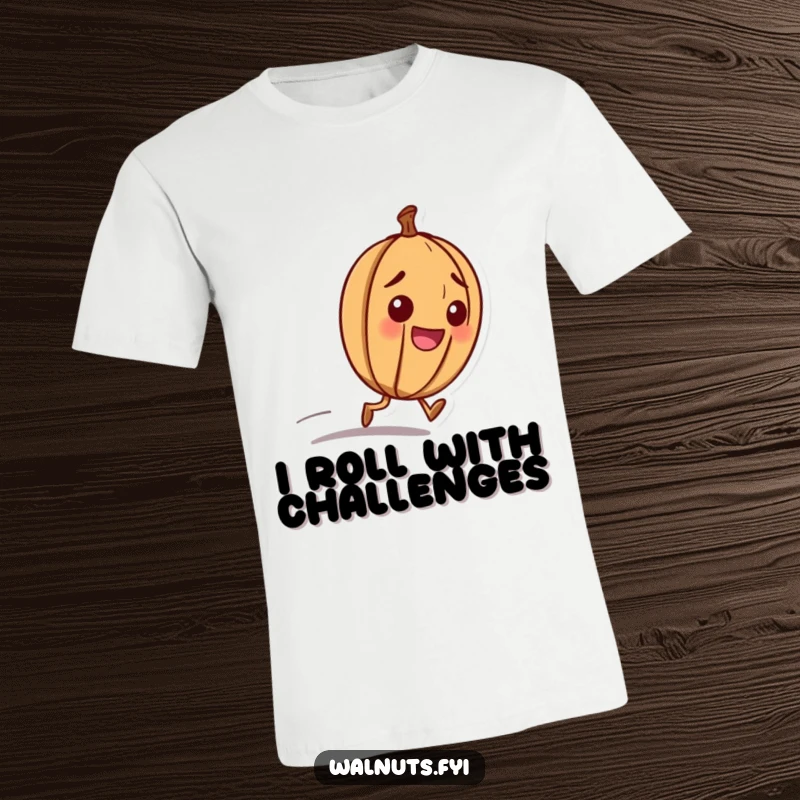 Funny t-shirt featuring a happy walnut character with a determined look, rolling downhill with joyful momentum.