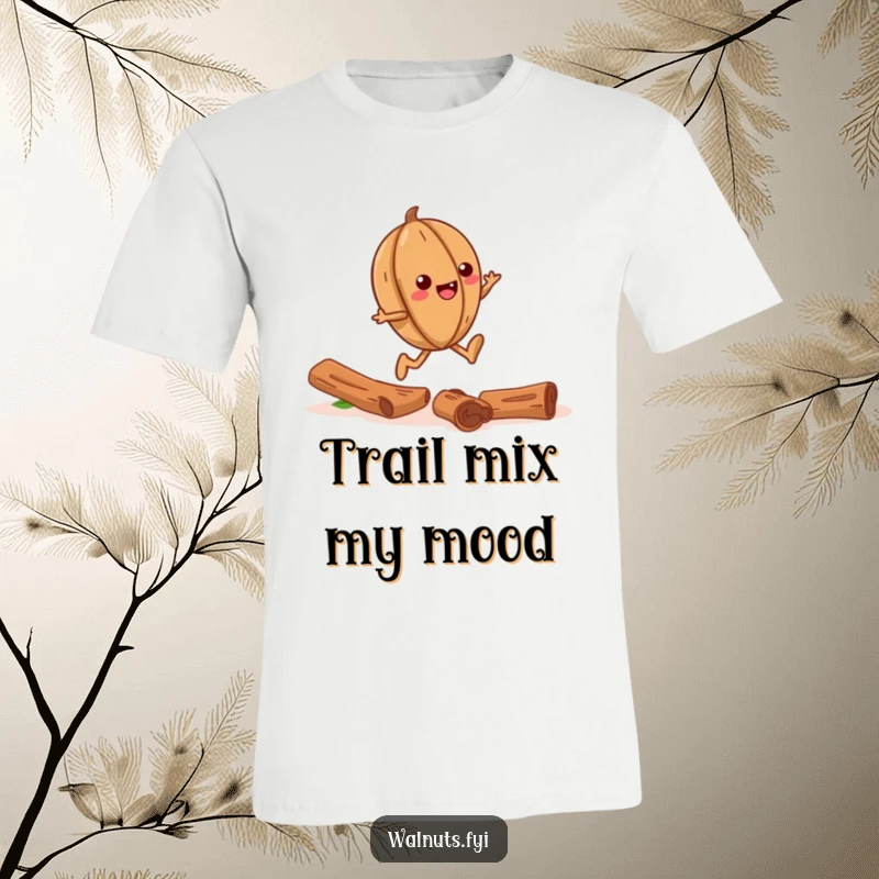 Funny t-shirt illustration of a laughing walnut skipping playfully on a path constructed from aromatic cinnamon sticks.