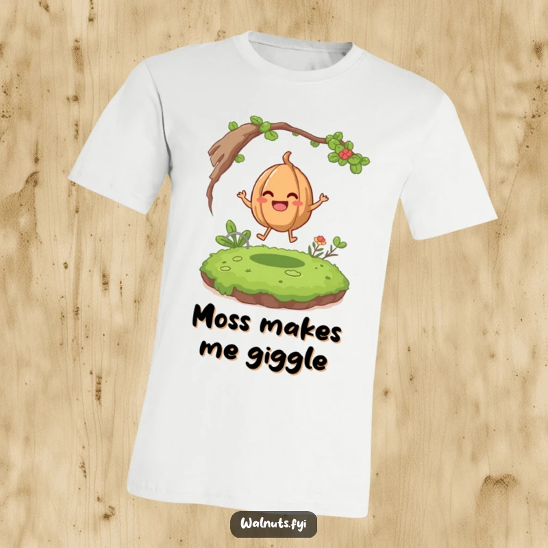 Funny giggling walnut character happily bouncing on a mossy patch, printed on a fun and humorous t-shirt.