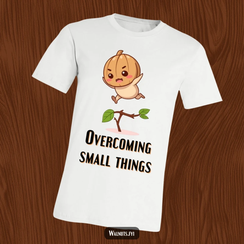 Funny determined walnut mid-leap over a twig, printed on a dynamic and humorous t-shirt.