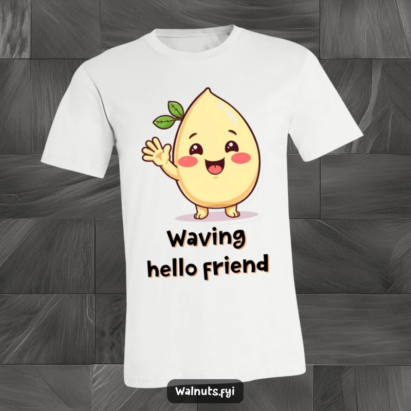 Funny Kawaii cashew t-shirt featuring a beaming character giving an inviting and cheerful friendly wave, perfect for spreading joy.