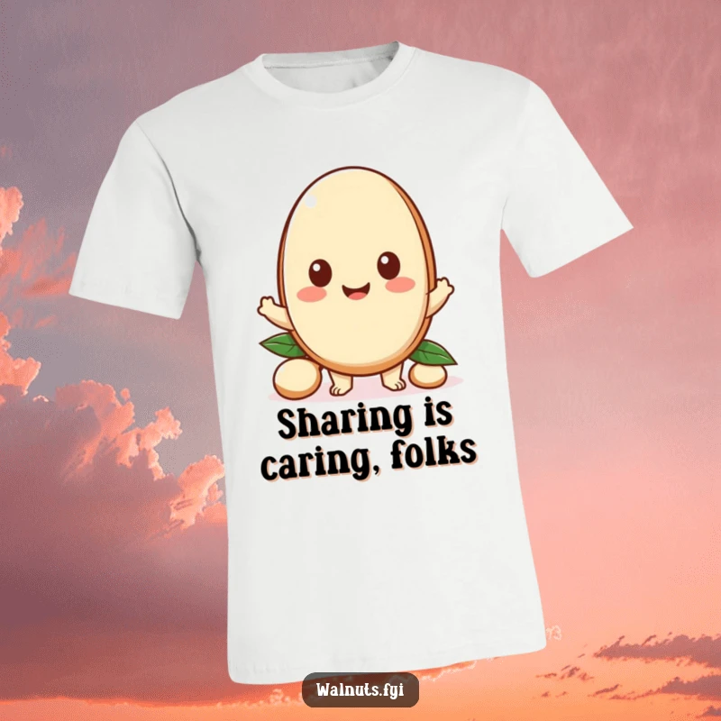Funny T-shirt with a happy Kawaii macadamia nut character offering a piece, symbolizing sharing and generosity.