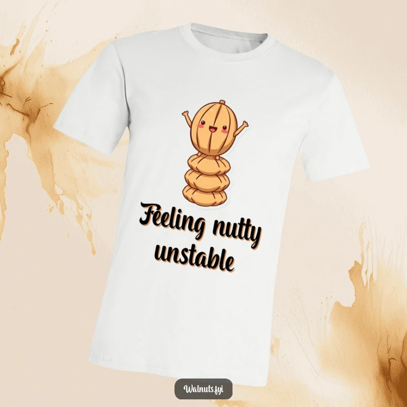 Funny Kawaii Walnut Balance T-Shirt: A cartoon walnut precariously stands on a pyramid of other nuts, with a confident, slightly wobbly smile.