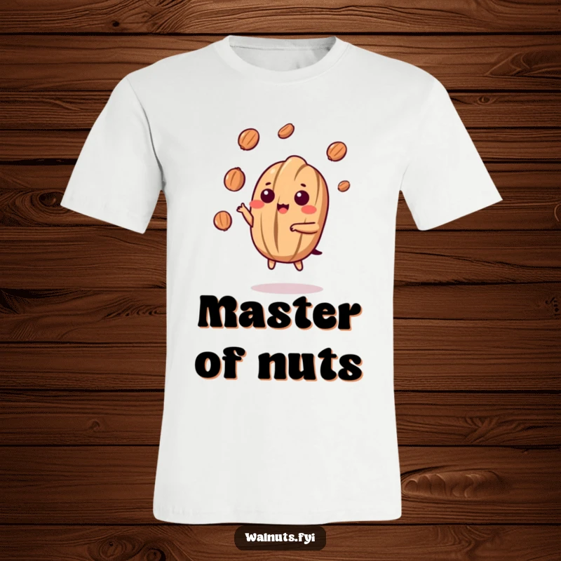 Funny Kawaii Walnut Juggling T-Shirt: A cartoon walnut tosses small nut fragments into the air, eyes wide with concentration and a proud grin.