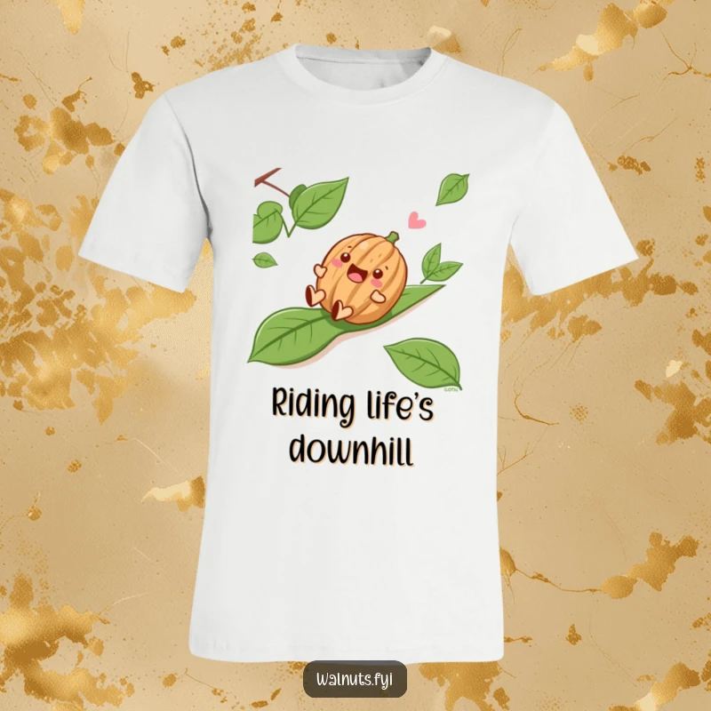 Funny Sliding Walnut T-Shirt, a happy walnut character gleefully sliding down a brown and green leafy slope, embodying pure delight.