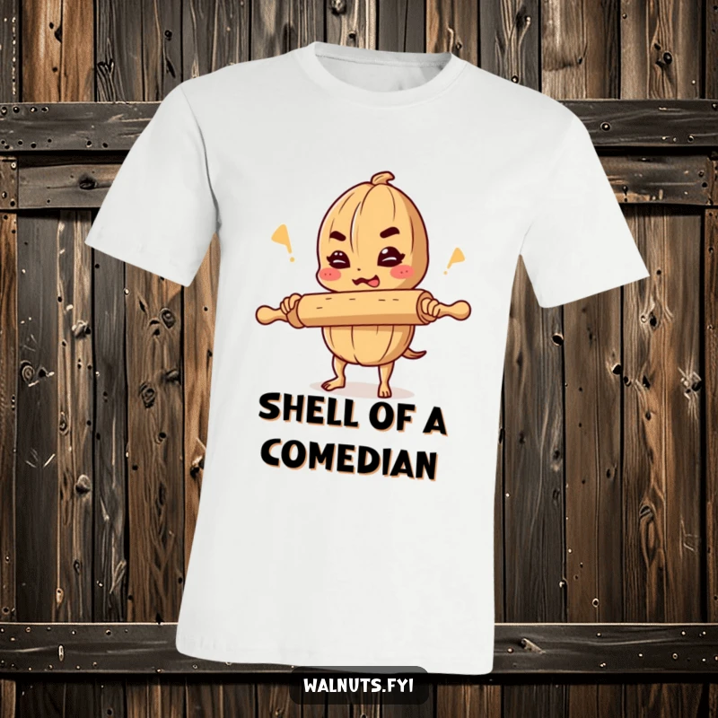 Funny t-shirt print of a determined walnut comedian balancing a rolling pin while telling a joke, showcasing nutty and witty humor.