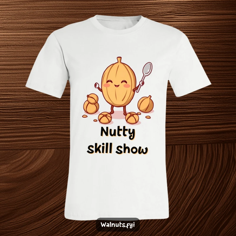 Funny walnut juggler t-shirt showing a smiling walnut juggling a smaller walnut and a spoon, perfect for showcasing humorous nutty talents.